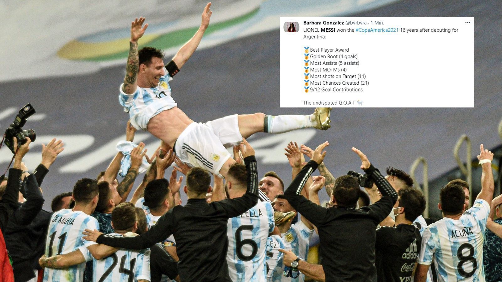 
                <strong>16 Jahre bis zum großen Triumph</strong><br>
                Für Messi bestand die bisherige Karriere in der argentinischen Nationalmannschaft vorwiegend aus großen Enttäuschungen, etwa das verlorene WM-Finale 2018 gegen Deutschland. Nun aber hat Messi, gut 16 Jahre nach seinem Debüt für die "Albiceleste", mit der Copa America seinen großen Titel gewonnen. 
              