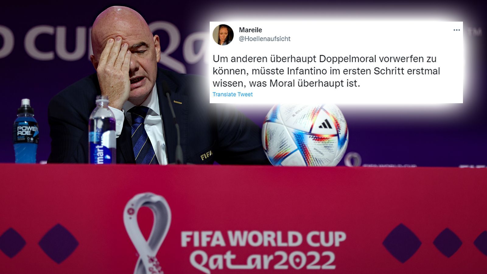 
                <strong>Das Moral-Dilemma</strong><br>
                Unter anderem warf FIFA-Boss Infantino den Kritikern der Fußball-WM in Katar Doppelmoral vor. Diese Aussage des Schweizers, der die Endrunde in Katar zuletzt immer wieder öffentlich verteidigte, entpuppte sich wenig überraschend als Bumerang.
              