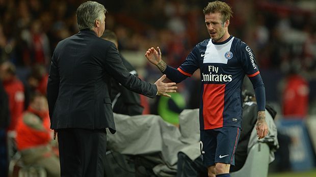 
                <strong>2012-13: Trainer bei PSG</strong><br>
                2012-13: Trainer bei Paris Saint-Germain. Zur Rückrunde der Saison 2011/12 übernimmt Ancelotti PSG und trainiert dort Weltstars wie David Beckham (Foto, re.) und Zlatan Ibrahimovic. In seiner zweiten Spielzeit holt er mit dem Team den Meistertitel und bittet um die Freigabe für eine neue Herausforderung.
              