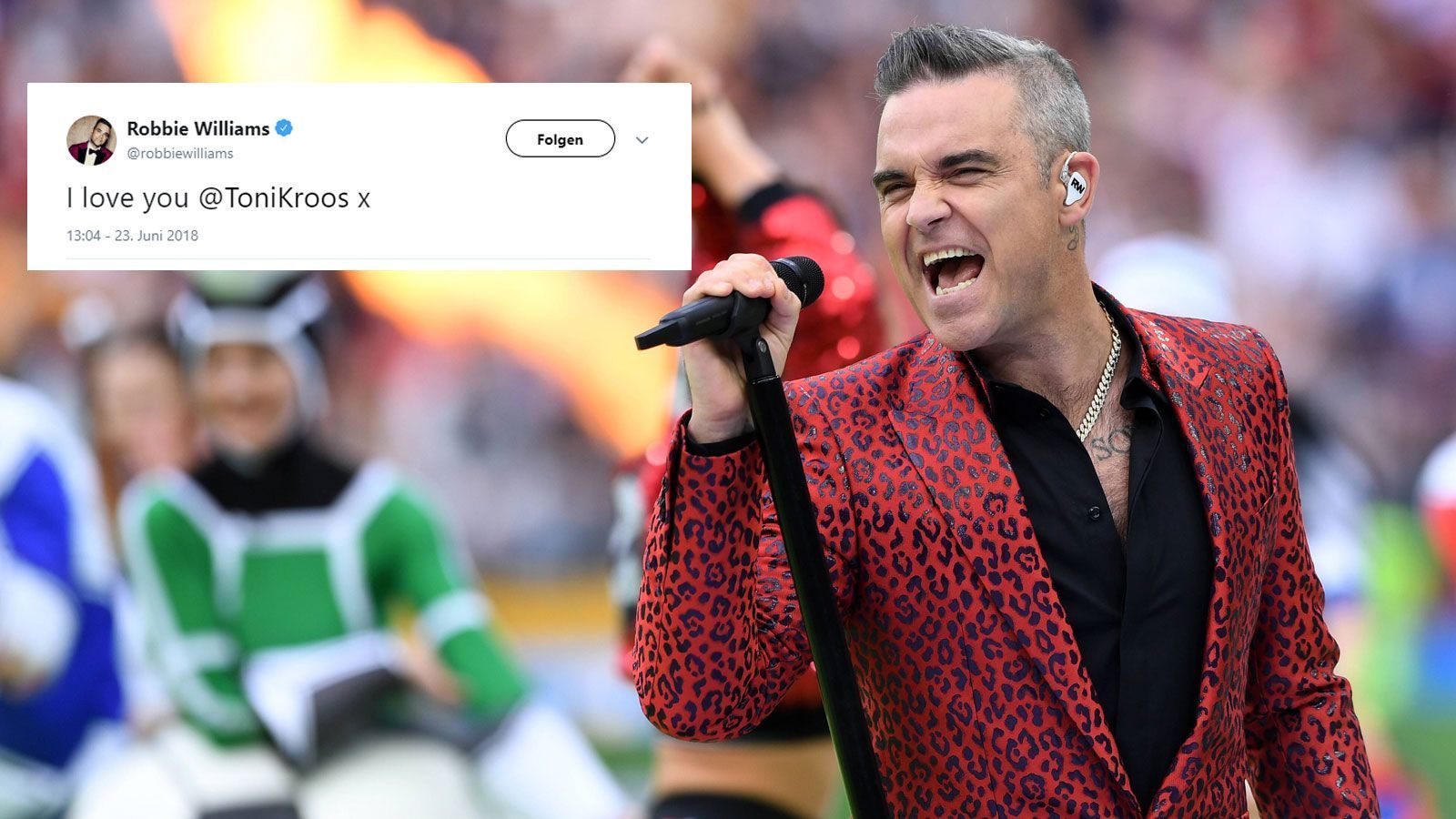 
                <strong>Robbie Williams</strong><br>
                Engländer Robbie Williams outete sich nach dem Tor als Deutschland-Fan. Besonderer Dank gilt Torschütze Toni Kroos, dem er vor Freude seine Liebe gesteht. Da wird er nach dem Abpfiff nicht alleine mit gewesen sein.
              
