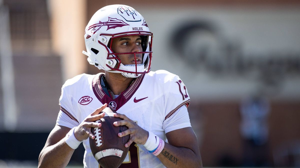 October 28, 2023: Florida State Seminoles quarterback Jordan Travis (13) stays loose on the sideline between plays during the NCAA, College League, USA football game between the Florida State Semin...