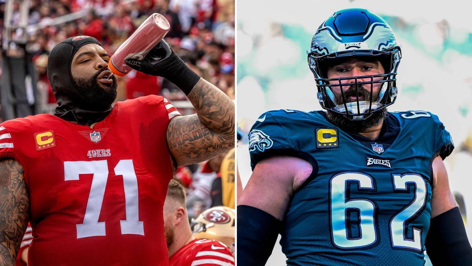 
                <strong>Offensive Line</strong><br>
                Die Offensive Line der Eagles spielt diese Saison auf einem anderen Level, mit starken Optionen auf dem gesamten Board. Tackle-Duo Jordan Mailata und Lane Johnson könnte das beste der Liga sein, während Landon Dickerson und Center Jason Kelce (r.) auf ihren Positionen zu den Besten gehören. Auch die 49ers haben eine überdurchschnittlich gute Offensive Line, die aber nicht an das Niveau der Front Five von Philadelphia heranreicht, trotz Trent Williams (l.) - 3:2 Eagles
              