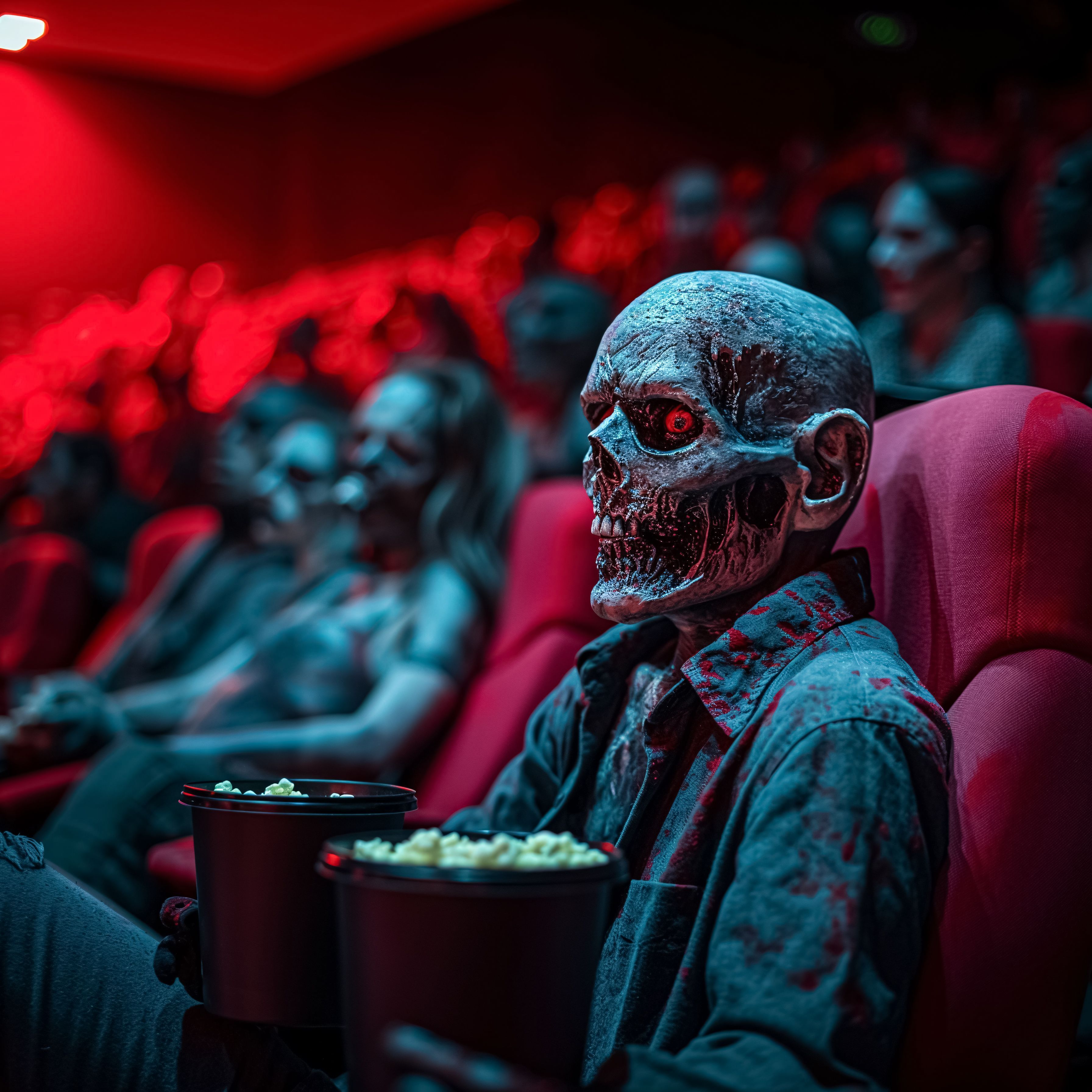 Zombies watching a movie in a cinema theatre