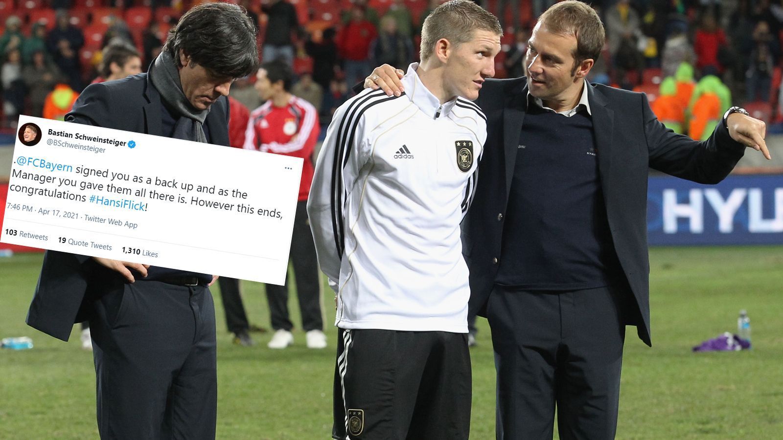 
                <strong>Bastian Schweinsteiger äußert sich</strong><br>
                Auch Bastian Schweinsteiger, der als Spieler einst beim DFB unter Assistent Hansi Flick trainierte, äußert sich. "Der FC Bayern hat dich als Backup geholt und als Trainer hast du ihnen alles gegeben. Wie auch immer es ausgeht: Glückwunsch, Hansi Flick!"
              