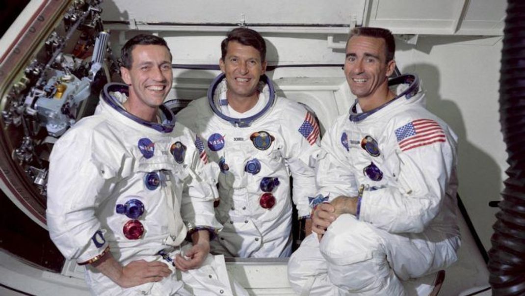Die Astronauten von Apollo 7 hatten im All mit einem Schnupfen zu kämpfen: Donn Eisele, Walter Schirra und Walter Cunningham (v.l.n.r.).