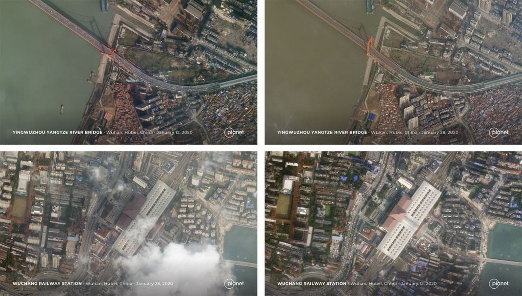 Früherer Corona-Ausbruch: Satellitenbilder haben die chinesische Regierung womöglich der Lüge überführt. Hier zu sehen: die Auswirkungen des Lockdowns in der chinesischen Stadt Wuhan am 12. und 28. Januar 2020.