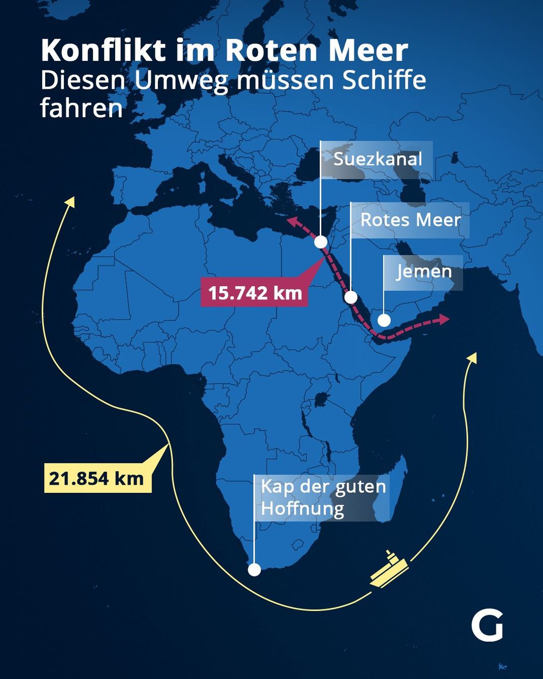 Konflikt im Roten Meer - Diesen Umweg müssen Schiffe fahren