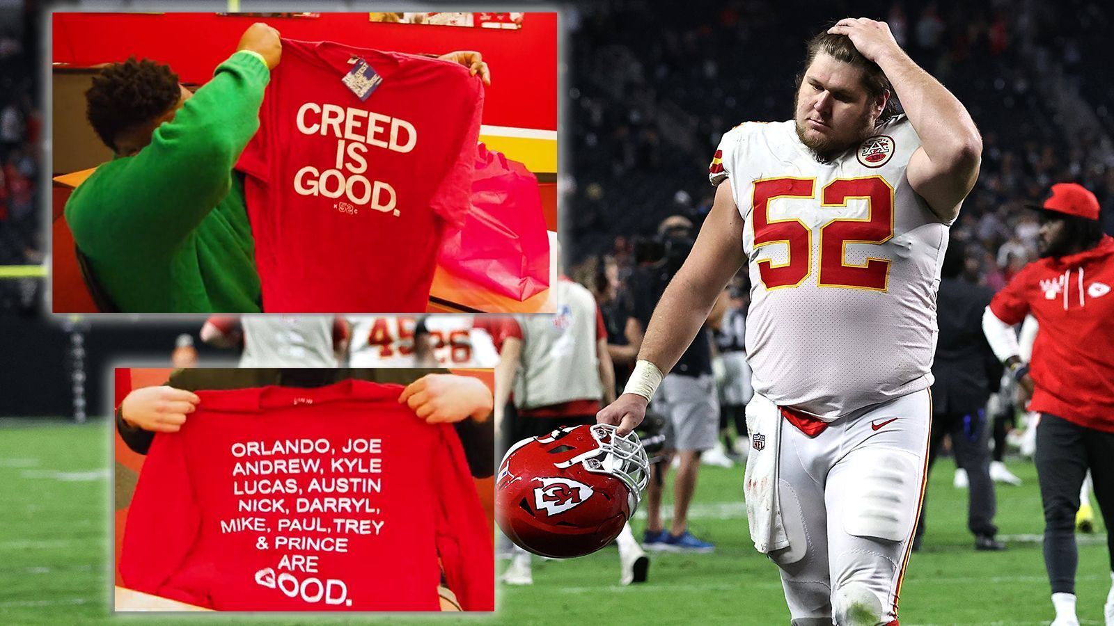 
                <strong>Creed Humphrey: T-Shirts</strong><br>
                Chiefs-Center Creed Humphrey nutzt die Weihnachtszeit, um seine Teamkollegen daran zu erinnern, dass er ein guter Football-Spieler ist. Der Rookie verschenkte an seine Positionskollegen ein T-Shirt mit der Aufschrift "Creed ist gut". Aber natürlich ist er keine Ein-Mann-Armee in der Offensive Line, auf der Rückseite hielt er noch fest, dass alle anderen O-Liner ebenfalls gut sind. 
              