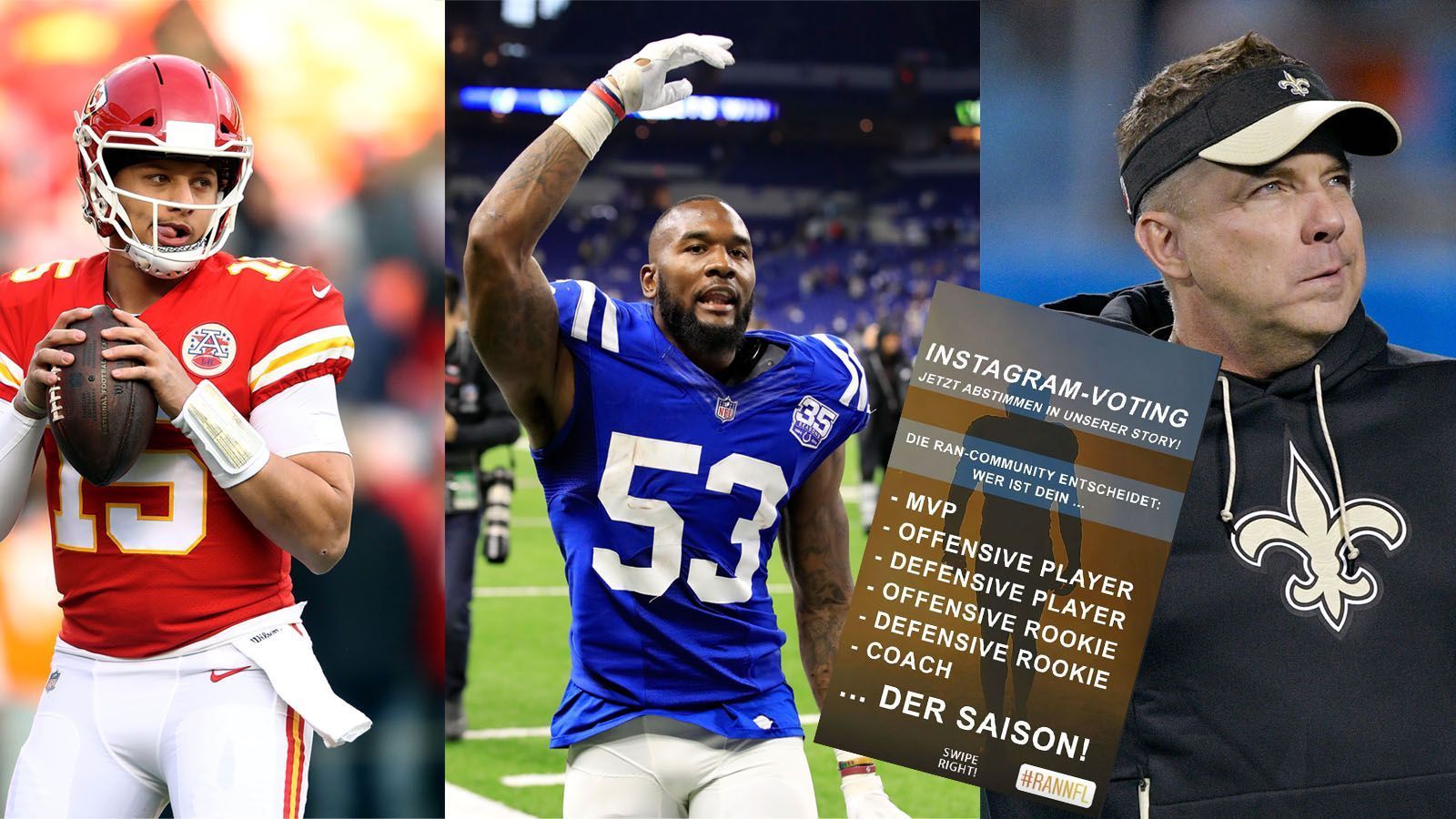 
                <strong>NFL-Voting auf Instagram</strong><br>
                Die #ranNFL-Fans auf Instagram hatten die Wahl: In sechs Kategorien konnten die Follower auf Instagram über ihren Spieler der Saison abstimmen. Zur Wahl standen der wertvollste Spieler (MVP), der beste Offense und Defense Spieler, sowie die jeweils besten Offense und Defense Rookies und der beste Coach. Es standen pro Kategorie drei Akteure zur Auswahl. Der Spieler, der die meisten "Ja-Stimmen" erhalten hat, gewann die Kategorie. ran.de zeigt, wen die Community ausgewählt hat.
              