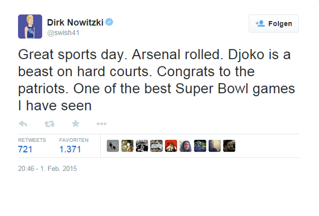 
                <strong>Dirk Nowitzki</strong><br>
                Der Tag des Super Bowls verlief ganz nach dem Geschmack des deutschen NBA-Stars – wie er via Twitter verriet.
              