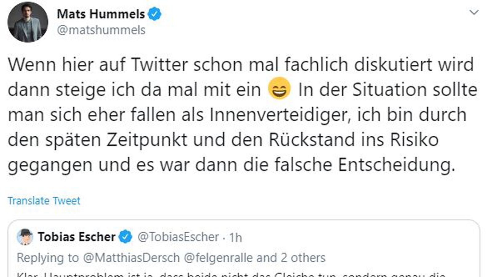 
                <strong>Hummels nimmt Schuld auf sich</strong><br>
                Damit aber nicht genug. Nun steigt auch Mats Hummels selbst ein, nimmt die Schuld zum 0:2 voll und ganz auf sich. "Ich bin durch den späten Zeitpunkt und den Rückstand ins Risiko gegangen und es war die falsche Entscheidung."
              