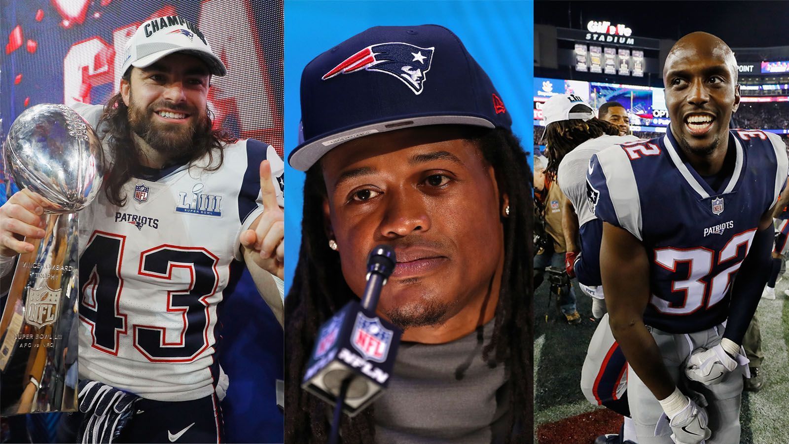 
                <strong>Drei Titel: Ebner, Hightower, Devin McCourty</strong><br>
                ... Nate Ebner (#43 Cornerback), Dont'a Hightower (#54 Linebacker) und Devin McCourty (#32 Cornerback). Sie alle feierten die Gewinne von Super Bowl XLIX, LI und LIII.
              