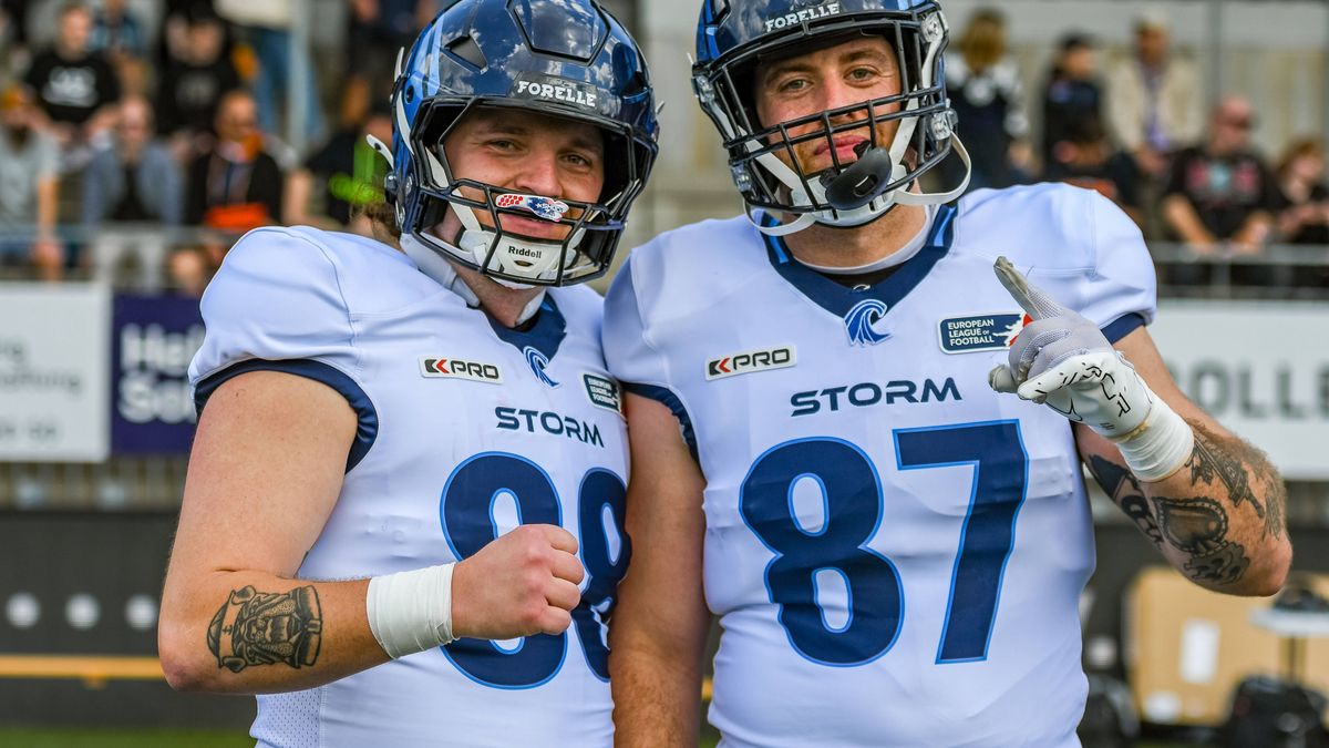 Adria Botella (Nordic Storm, 87) and Oliver Tribler (Nordic Storm, 88), Helvetic Mercenaries vs Nordic Storm, American Football, European League of Football, week 1, Season 2025, 18.05.2025, WIL SG...