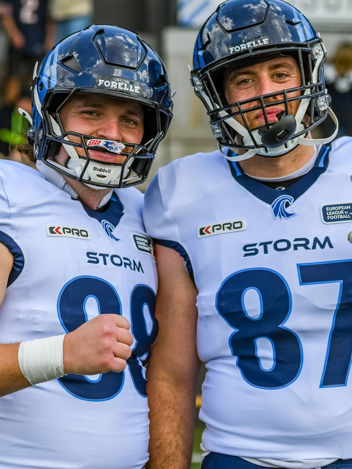 Adria Botella (Nordic Storm, 87) and Oliver Tribler (Nordic Storm, 88), Helvetic Mercenaries vs Nordic Storm, American Football, European League of Football, week 1, Season 2025, 18.05.2025, WIL SG...