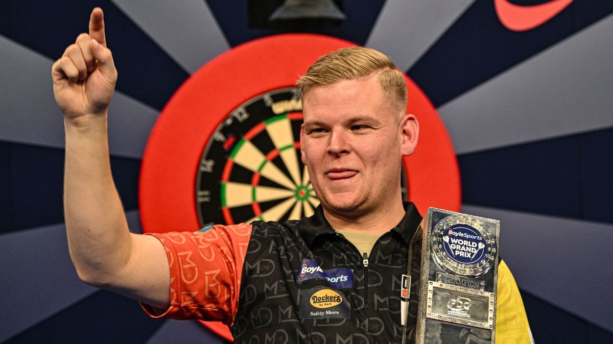 RECORD DATE NOT STATED 13th October 2024, Mattioli Arena, Leicester, England; 2024 PDC BoyleSports World Grand Prix Darts Final; Mike De Decker holds the Boyle Sports World Grand Prix trophy PUBLIC...