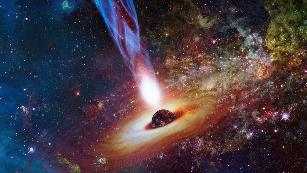 Wie ein kosmischer Wirbelsturm: Das wohl hellste Objekt im All ist ein Quasar.
