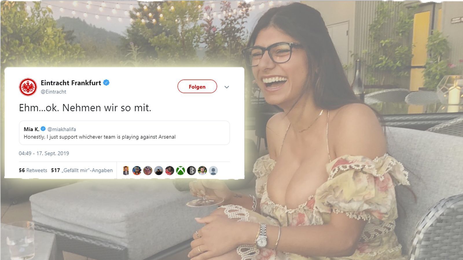 
                <strong>Mia Khalifa (Eintracht Frankfurt)</strong><br>
                Ex-Pornodarstellerin Mia Khalifa drückt in den Europa-League-Spielen der Frankfurter Eintracht gegen den FC Arsenal der SGE die Daumen. Auf Twitter schrieb sie: "Ich bin für jeden, der gegen Arsenal spielt." Das Social-Media-Team der Frankfurter reagierte zurückhaltend: "Ehm...ok. Nehmen wir so mit." Hintergrund: Mia Khalifa ist Fan von West Ham United, ein Londoner Stadtrivale von Arsenal.
              
