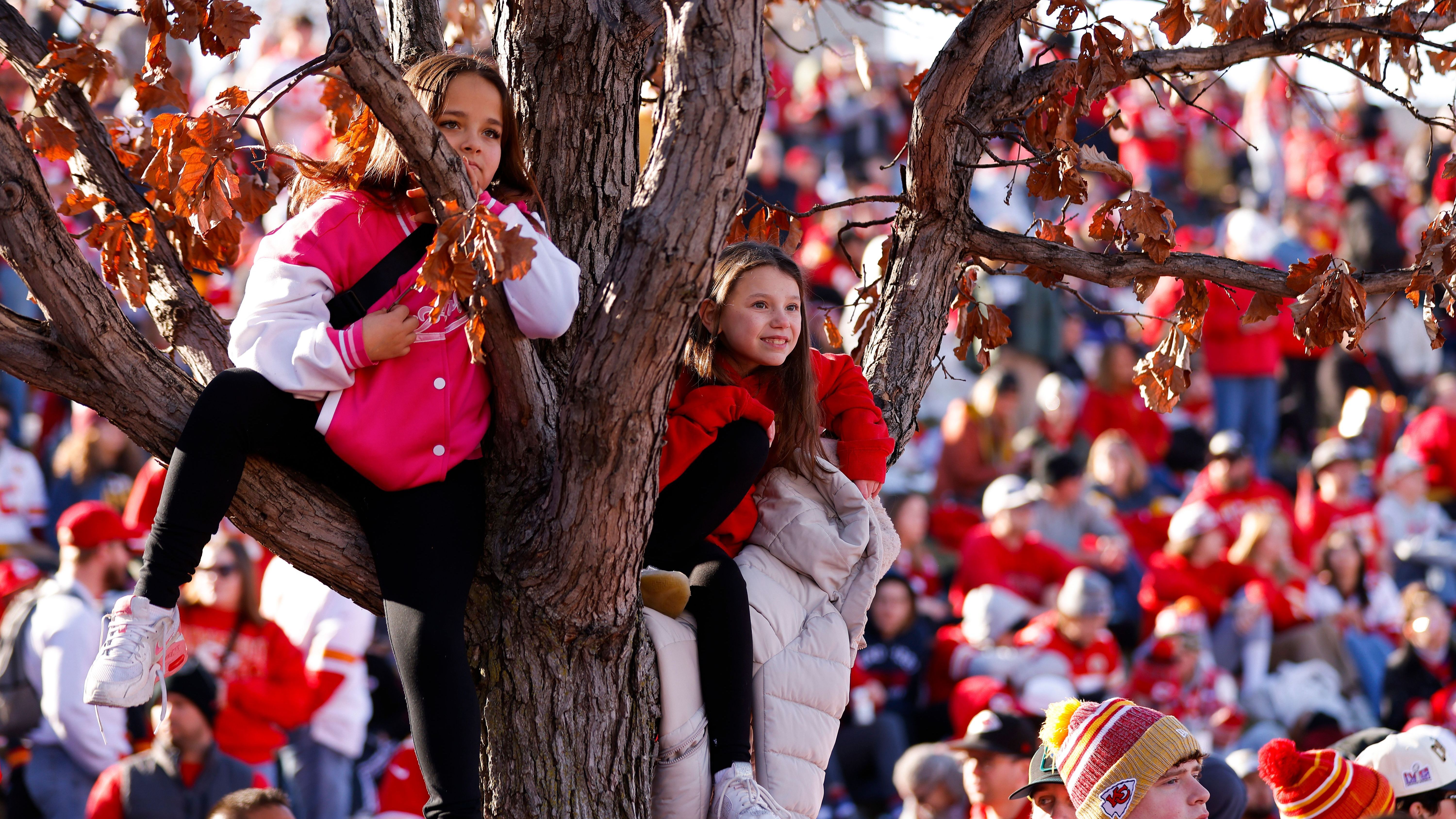 <strong>Hoch hinaus für den besten Blick</strong><br>Andere Anhänger der Chiefs versuchten sich bei der Parade Plätze mit dem besten Ausblick zu sichern. Diese beiden Mädels kletterten dafür sogar auf einen Baum.