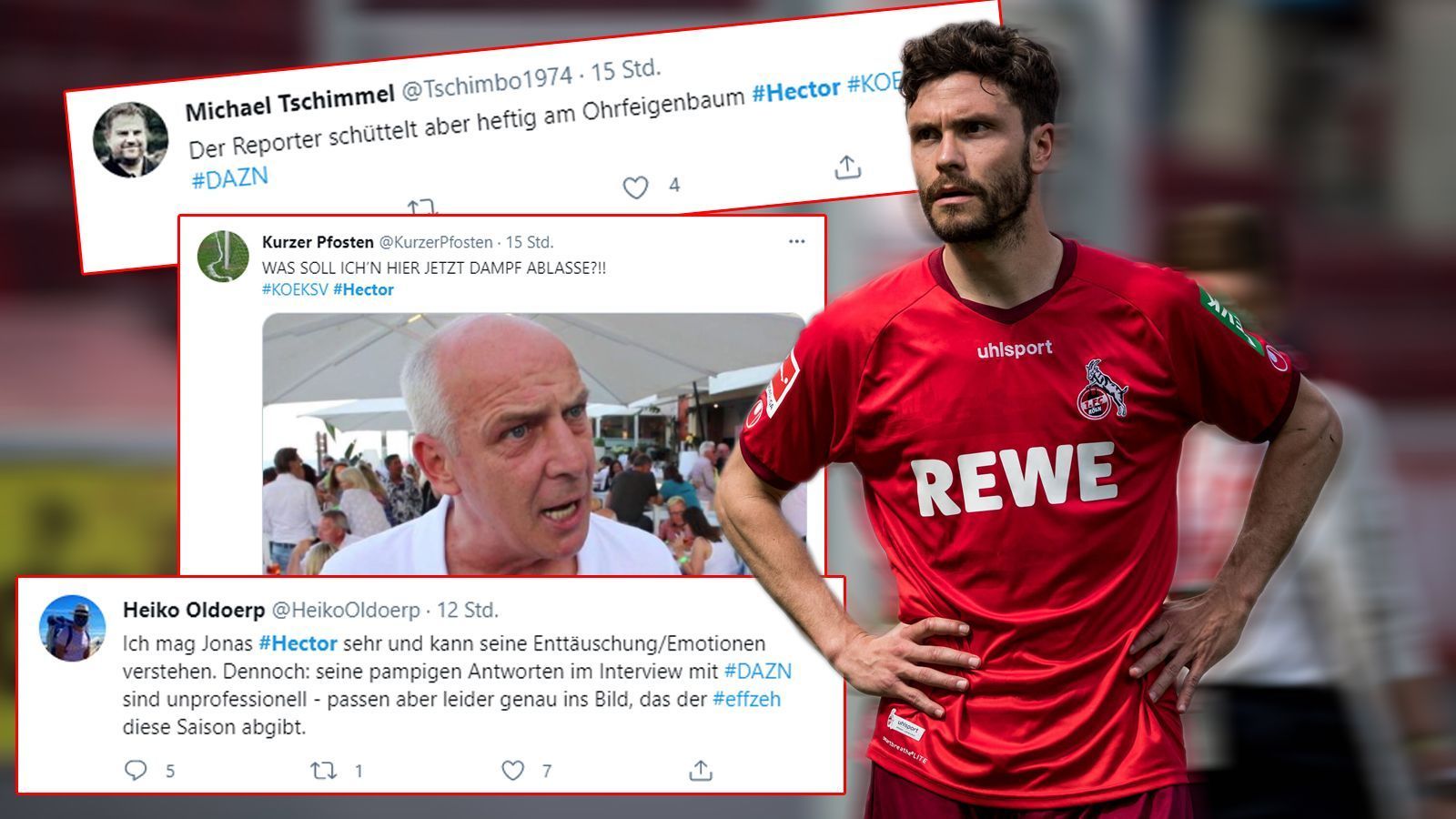 
                <strong>Bundesliga-Relegation: Jonas Hector pampt TV-Reporter an - so diskutiert das Netz</strong><br>
                Jonas Hector hat das Relegations-Hinspiel gegen Holstein Kiel mit seinem 1. FC Köln 0:1 verloren. Im anschließenden "DAZN"-Interview ließ er seinen Frust an Field-Reporter Sebastian Benesch aus, der den FC-Kapitän erst dazu aufforderte, "jetzt mal Dampf abzulassen" und dann fragte, "wie leer" sich Hector fühle. Die Antwort flog dem Journalisten um die Ohren: "Immer diese Scheiß-Fragen mit 'leer'! Ich weiß, das ist eben ihr Job ... dumme Fragen zu stellen, machen Sie gut." Der letzten Frage hatte der Ex-Nationalspieler dann nichts mehr entgegenzusetzen. "Darauf habe ich jetzt wirklich keine Antwort". Im Netz wurde heftig über das Interview diskutiert. Wir haben einige Tweets rausgesucht. 
              