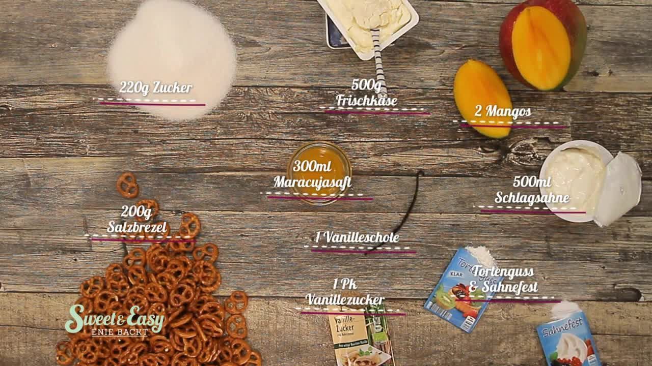Hier im Überblick: Diese Zutaten braucht ihr für das leckere exotische Dessert mit Mangostückchen und Brezeln!