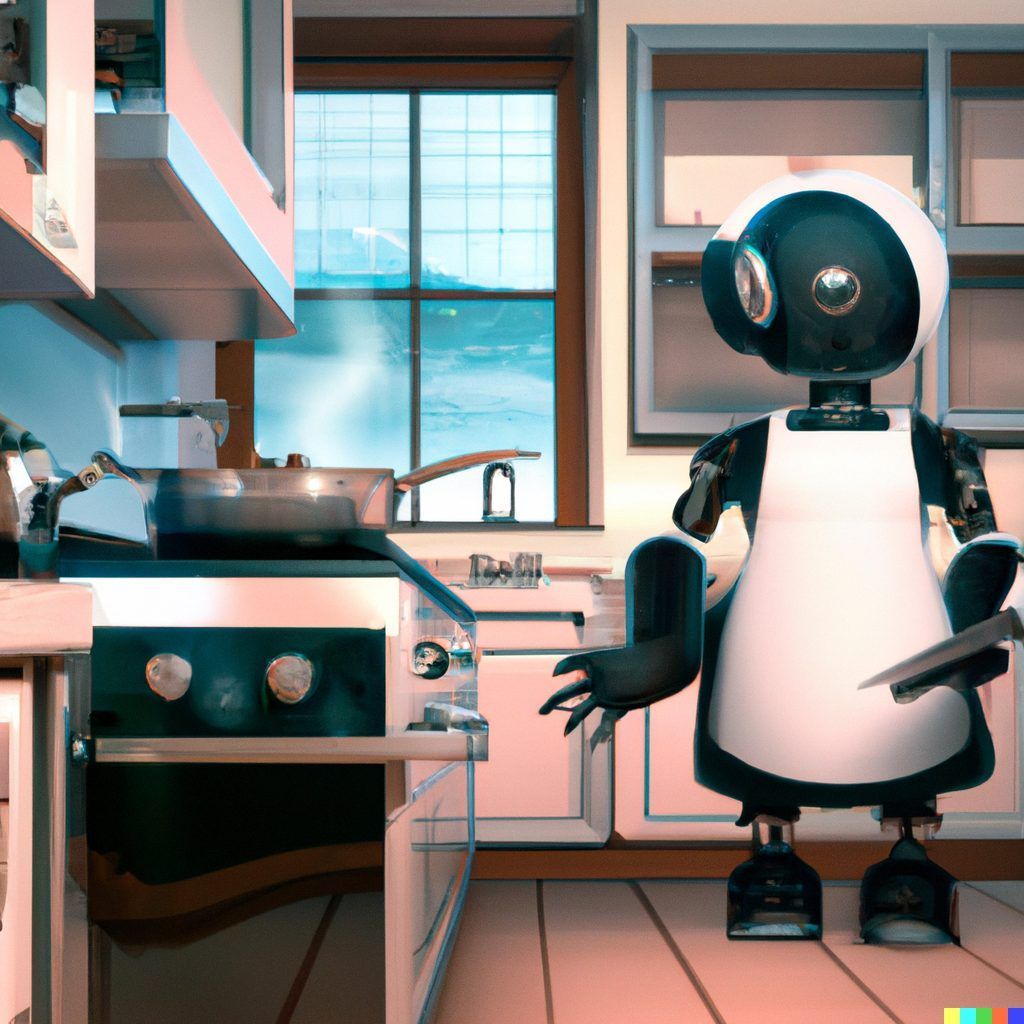 "Ein Roboter-Pinguin kocht Essen in einer Küche" von DALL-E.