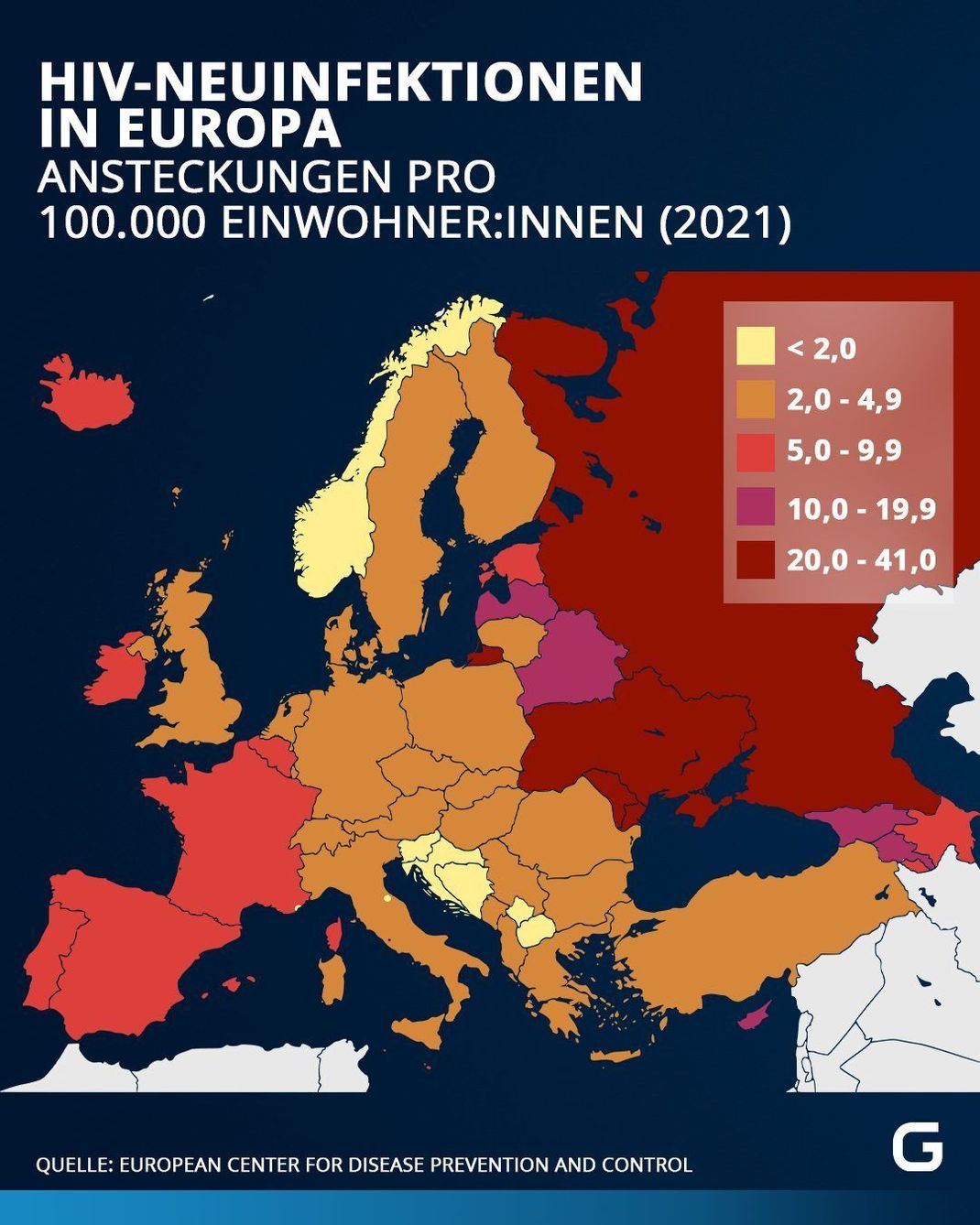 HIV-Neuinfektionen in Europa: Überblick über die Ansteckungen pro 100.000 Einwohner:innen. 