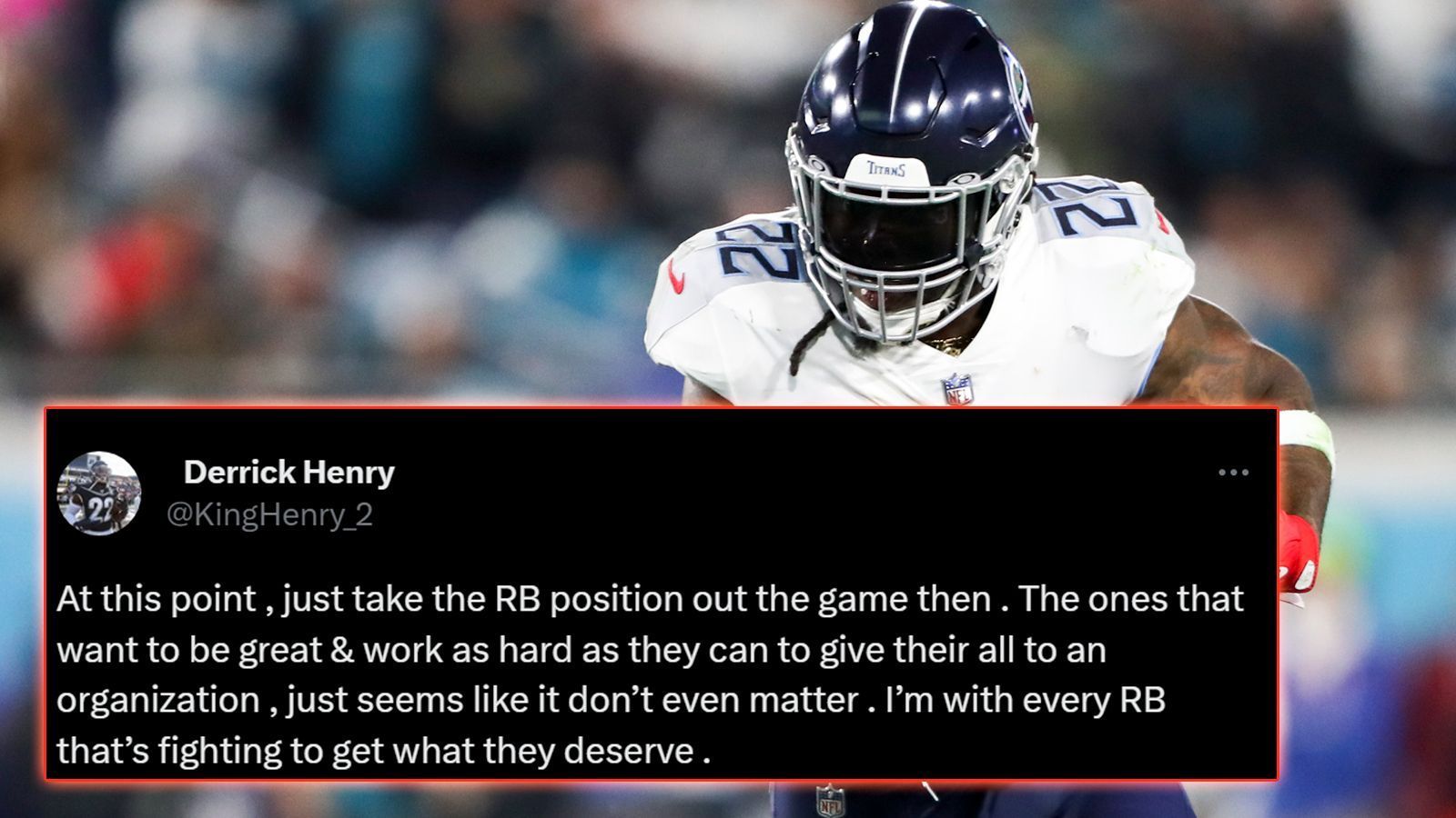 
                <strong>Derrick Henry</strong><br>
                Derrick Henry, Running Back und bester Spieler der Tennessee Titans findet ebenfalls drastische Worte: "Wenn wir jetzt schon so weit sind, dann nehmt den Running Back doch  aus dem Spiel. Anscheinend interessiert es nicht, dass Spieler ihr Bestes geben, gut arbeiten, für ihre Organisation großartig sein möchten. Ich kämpfe mit jedem Running Back, der das bekommen möchte, was er verdient."
              