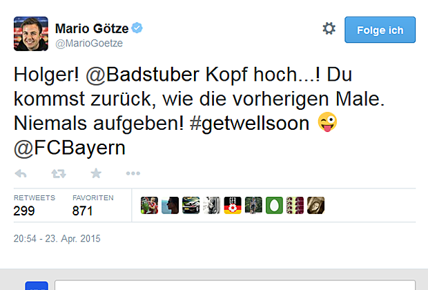 
                <strong>Wieder verletzt! Aufmunternde Worte für Holger Badstuber</strong><br>
                "Niemals aufgeben!" Mit diesem Spruch stimmten die Bayern-Fans ihre Mannschaft vor dem Rückspiel gegen Porto ein. Mario Götze gibt diesen Aufruf nun an Badstuber weiter, der seine Kämpferqualitäten wieder einmal unter Beweis stellen muss.
              