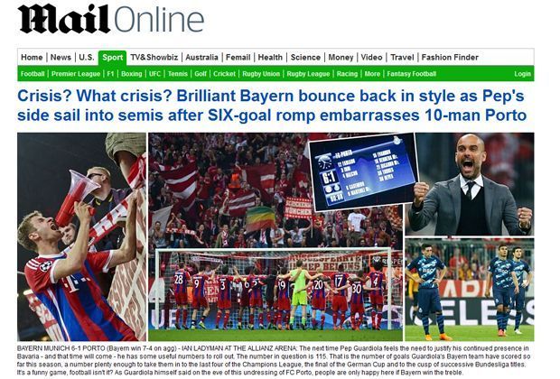 
                <strong>Daily Mail</strong><br>
                "Krise? Welche Krise? Brillante Bayern melden sich mit Stil zurück. Peps Mannen segeln ins Halbfinale und blamieren Porto mit einer SECHS-Tore-Tollerei."
              