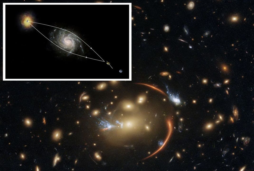 Notlösungen wie die "dunkle Materie" sind für Physiker:innen üblich. Sie hoffen dabei, dass Experimente ihre Ideen eines Tages bestätigen. Auch Einsteins Relativitätstheorie wurde später bewiesen, als sich zeigte, dass die Schwerkraft das Licht ablenkt. Das lässt sich unter anderem am Gravitationslinsen-Effekt sehen, bei dem Galaxien das Licht ferner Sternensysteme umlenken und verzerren, wie hier auf einem Bild von Hubble 2021. 