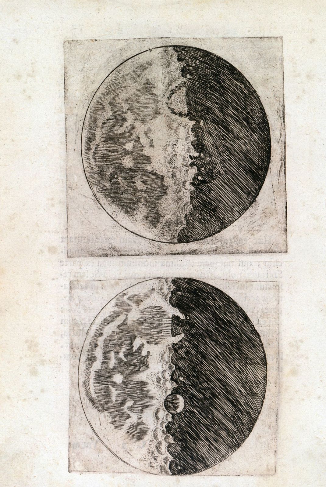 Federzeichnung vom Mond aus dem Buch "Sidereus Nuncius" von Galileo Galilei. 