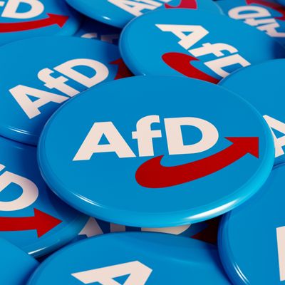 AFD - Altenative für Deutschalnd (Alternative for Germany) . Some political badges, campaign button on the table. German party, opposition, government. 3D illustration