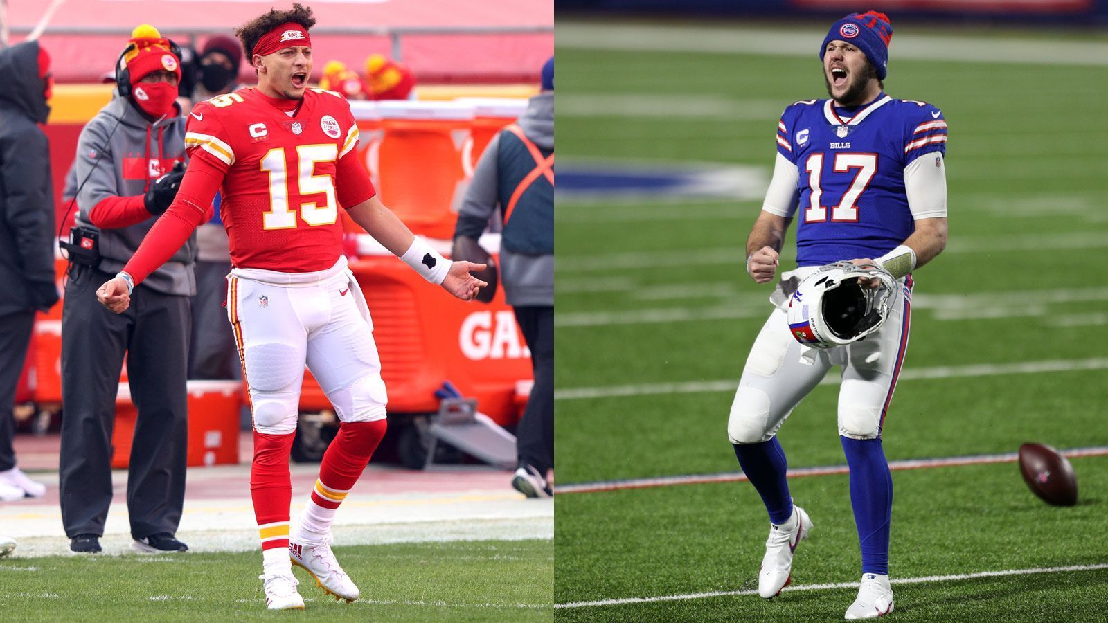 
                <strong>Bills at Chiefs: Josh Allen vs. Patrick Mahomes</strong><br>
                Anders als in der NFC wird das Endspiel der AFC (in Nacht von Sonntag auf Montag, ab 0:15 live auf ProSieben und ran.de) wohl von zwei jüngeren Quarterbacks entschieden. Der 25-jährige Patrick Mahomes (li.) trifft auf den ein Jahr jüngeren Josh Allen (re.), der sich in der abgelaufenen Saison endgültig zum neuen Franchise-Quarterback der Buffalo Bills entwickelte. Beide Spielmacher können die Partie mit ihrem Wurfarm und ihren Beinen entscheiden, zudem verfügen beide Offensiven über ausgezeichnete Receiver. Wie beim Duell von Rodgers gegen Brady könnte auch hier ein einziger Fehler über die Heimreise oder eine mögliche Super-Bowl-Teilnahme entscheiden.
              