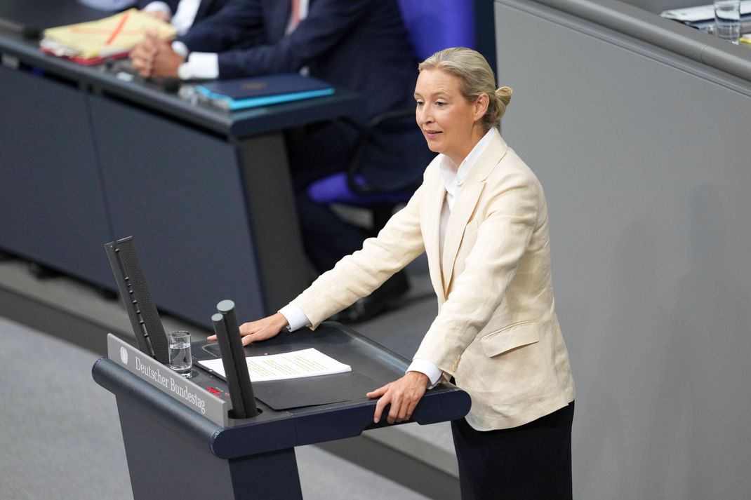 AfD-Chefin Alice Weidel attackiert im Bundestag Kanzler Merz. (Archivbild)