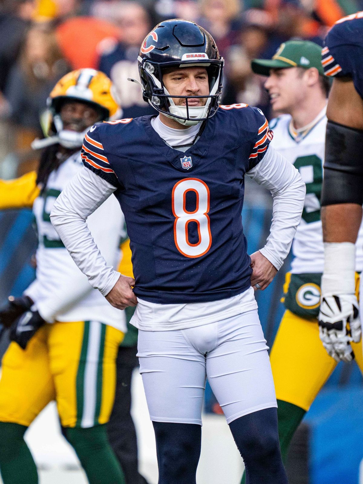 CHICAGO, IL - NOVEMBER 17: Cairo Santos 8 of the Chicago Bears reacts after missing a field goal after the fourth quarter of the game between the Green Bay Packers and the Chicago Bears at Soldier ...