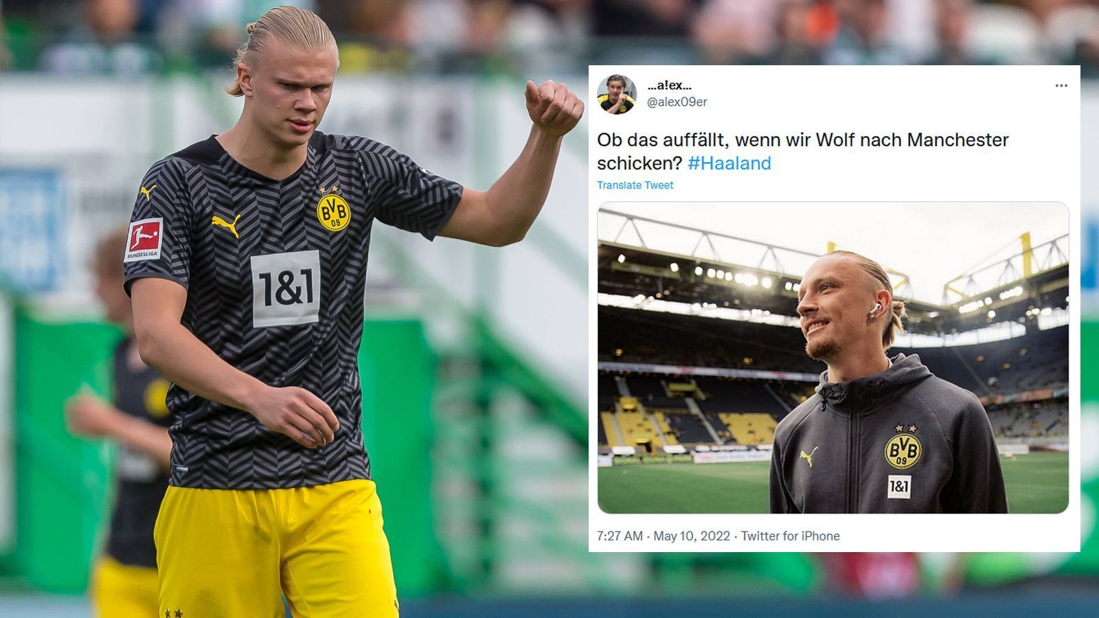 
                <strong>Haalands Doppelgänger</strong><br>
                Genau deshalb hat ein Dortmund-Fan bereits eine Idee vorgeschlagen, wie man Haaland wohl doch noch halten könnte. Anstelle des norwegischen Super-Stürmers wollte dieser User einfach BVB-Profi Marius Wolf nach Manchester schicken, der Haaland verblüffend ähnlich sieht.
              