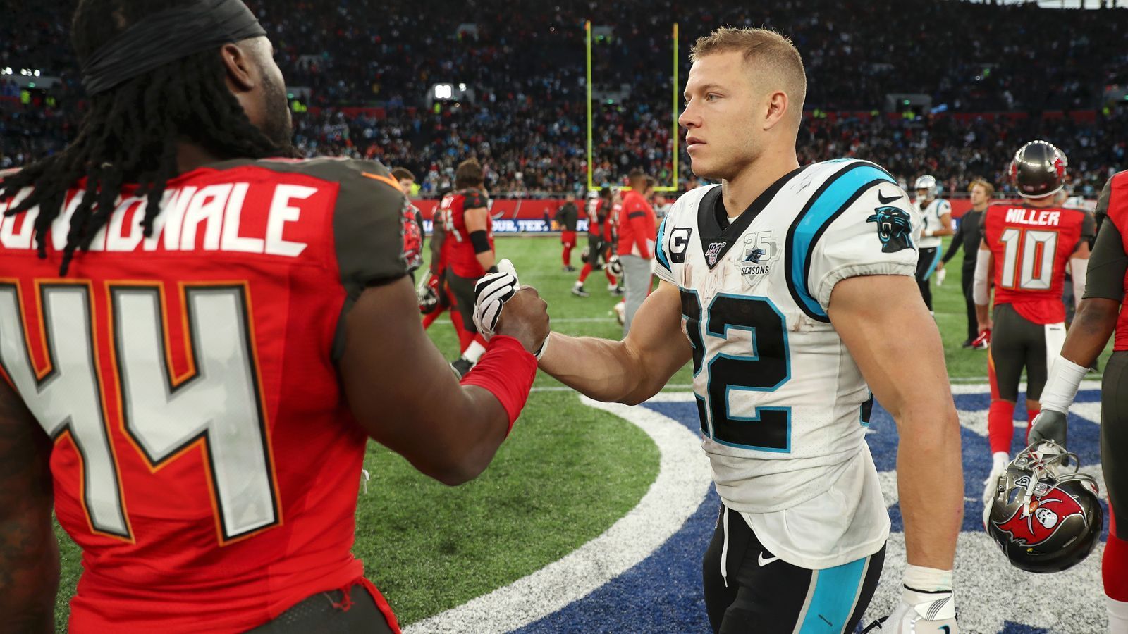 <strong>2019 in London: Carolina Panthers vs. Tampa Bay Buccaneers</strong><br>
                Beim zweiten Spiel der NFL International Series 2019 trafen die Carolina Panthers auf die Tampa Bay Buccaneers im neuen Tottenham Stadium. Für die Panthers war es eine Premiere in Sachen Partien außerhalb Amerikas. Und die war dann auch gleich erfolgreich. Beim 37:26 erzielte Christian McCaffrey (re.) zwei Touchdowns.
