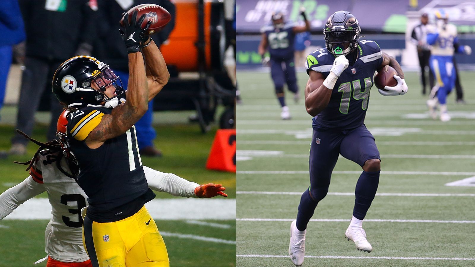 
                <strong>Die meisten Receiving Touchdowns</strong><br>
                Chase Claypool (links/Pittsburgh Steelers) und D.K. Metcalf (Seattle Seahawks) mit jeweils 2 TD –Die komplette Statistik im Datencenter >>
              