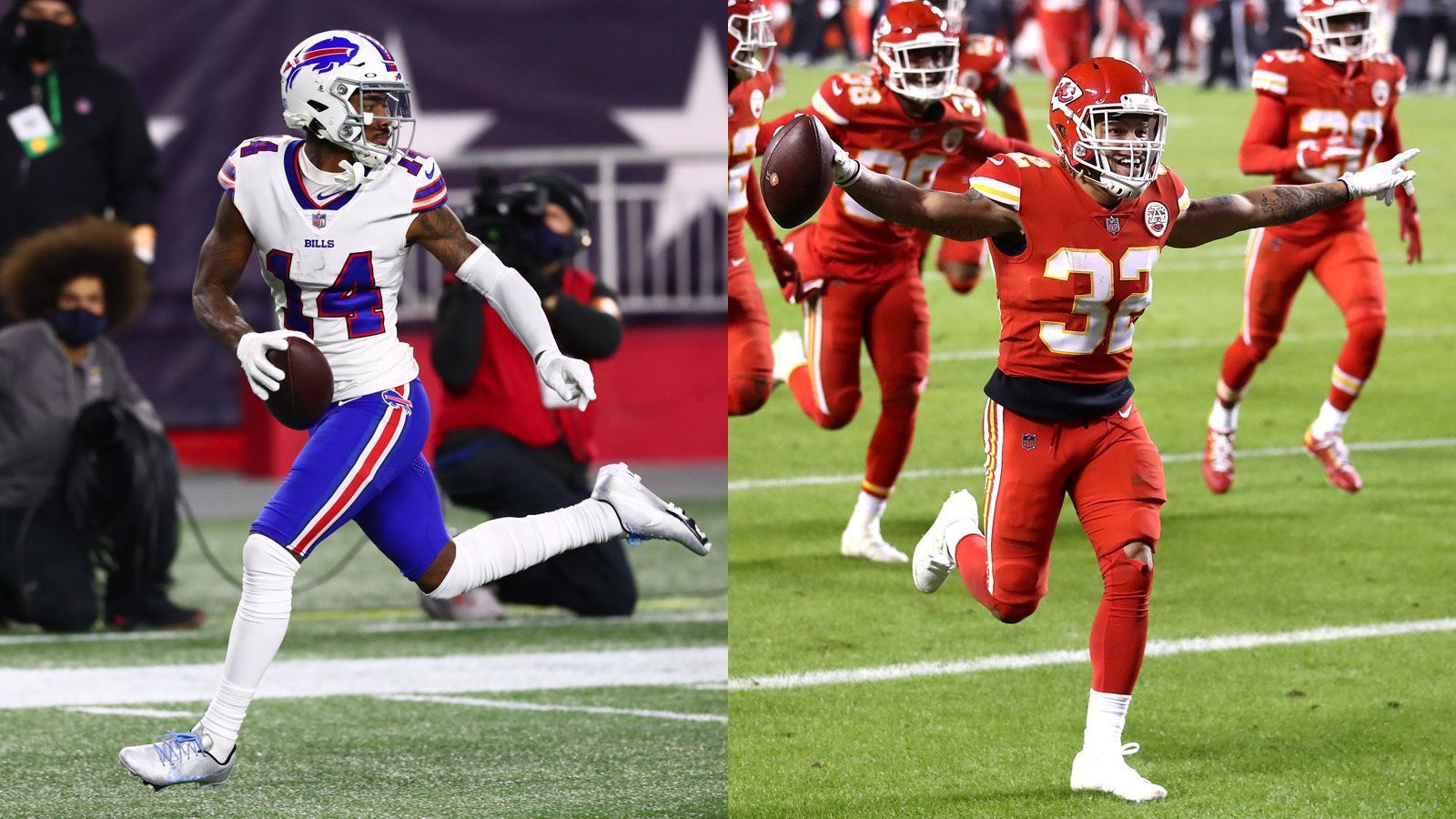 
                <strong>Bills at Chiefs: Stefon Diggs vs. Tyrann Mathieu</strong><br>
                Stefon Diggs (li.) zählt ohne Zweifel zu den besten Verstärkungen der abgelaufenen Saison. Im Tausch für einen Erstrundenpick wechselte der Receiver von Minnesota nach Buffalo und wurde dort dank hervorragender Leistungen zum ersten Mal in den Pro Bowl gewählt. Mit Tyrann Mathieu (re.) wird der Lieblingsreceiver von Josh Allen am Sonntag auf einen seiner härtesten Gegner treffen. Der Safety ist nicht nur für seine harten Tackles bekannt, sondern lauert auch auf jede sich ihm bietende Möglichkeit, um einen Pass des gegnerischen Quarterbacks abzufangen. Dass Mathieu Diggs über die gesamte Spiellänge decken wird, ist eher unwahrscheinlich, allerdings wird der Routinier regelmäßig die Nähe des Star-Receivers suchen.
              