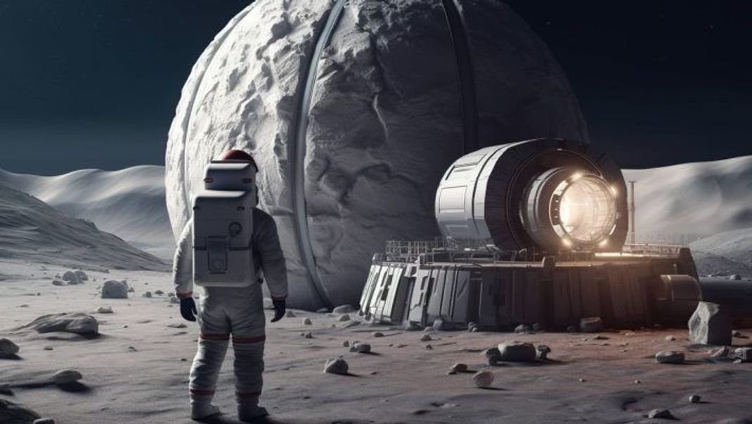 Ein mit Hilfe von künstlicher Intelligenz erschaffenes Bild zeigt, wie das dauerhafte Leben auf dem Mond in naher Zukunft aussehen könnte.