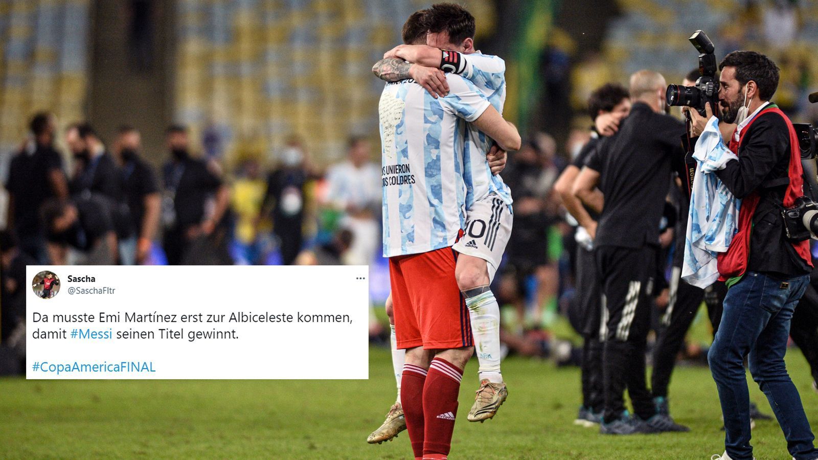 
                <strong>Keeper als Erfolgsgarant</strong><br>
                Neben Messi hat vor allem Argentiniens Torhüter Emiliano Martinez dazu beigetragen, dass die "Gauchos" am Ende die Copa America gewinnen konnten. Der Schlussmann von Premier-League-Klub Aston Villa parierte im Halbfinale gegen Kolumbien gleich drei Elfmeter. Kein Wunder also, dass sich Messi beim 1,95-Meter-Hünen nach dem Sieg gegen Brasilien besonders herzlich bedankte.
              