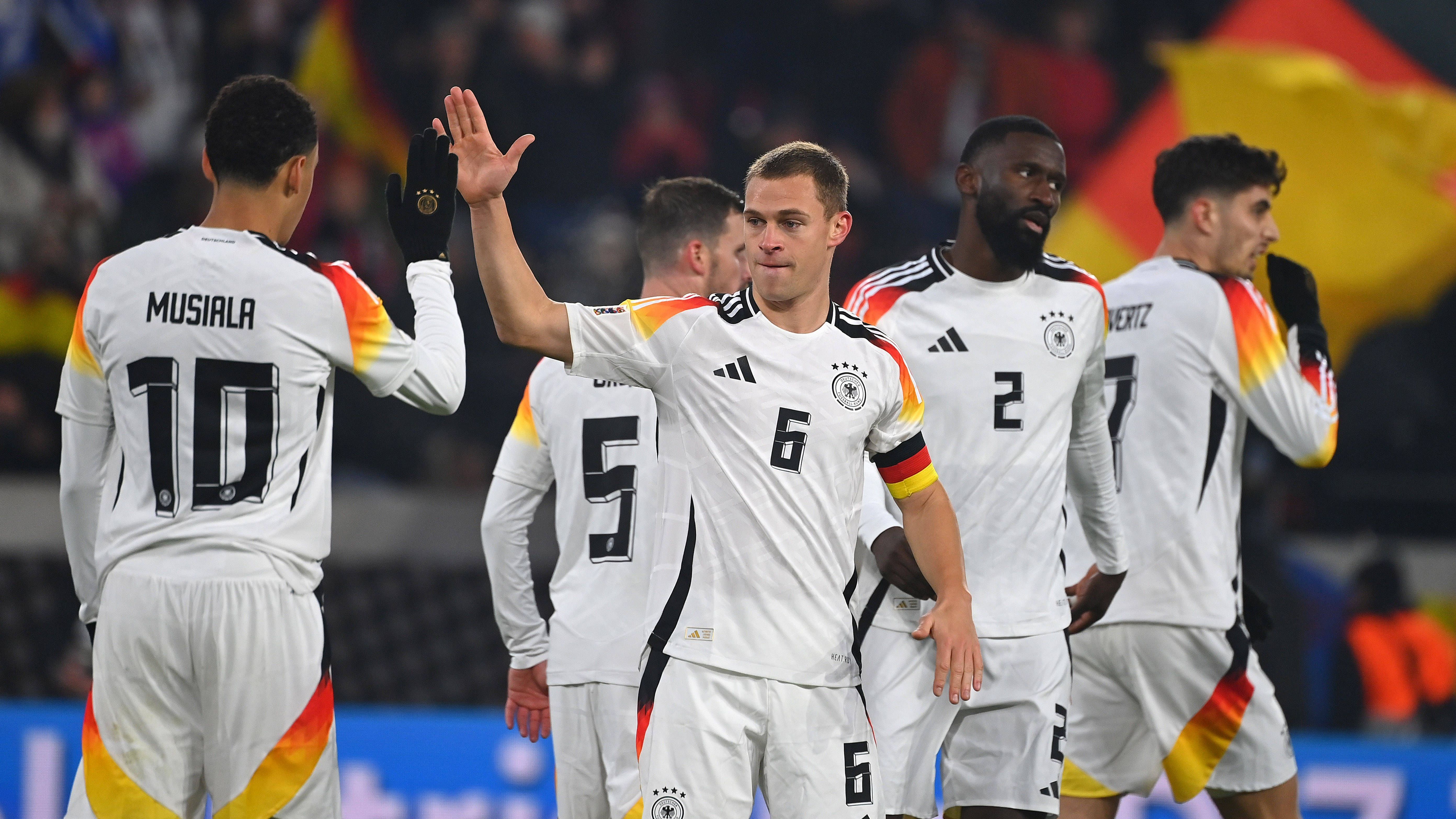 Torjubel v.li:Jamal MUSIALA (GER), Joshua KIMMICH (GER),Pascal GROSS (GER), Antonio Ruediger (GER), Kai HAVERTZ (GER). Jubel,Freude,Begeisterung,Aktion. Fussball UEFA Nations League Deutschland (GER) - Bosnien - Herzegowina (BIH) 7-0 am 16.10.2024 im Europa Parks Stadion Freiburg, *** Goal celebration from left Jamal MUSIALA GER , Joshua KIMMICH GER ,Pascal GROSS GER , Antonio Ruediger GER , Kai HAVERTZ GER Cheering,joy,enthusiasm,action Football UEFA Nations League Germany GER Bosnia Herzegovina BIH 7 0 on 16 10 2024 at Europa Parks Stadion Freiburg,