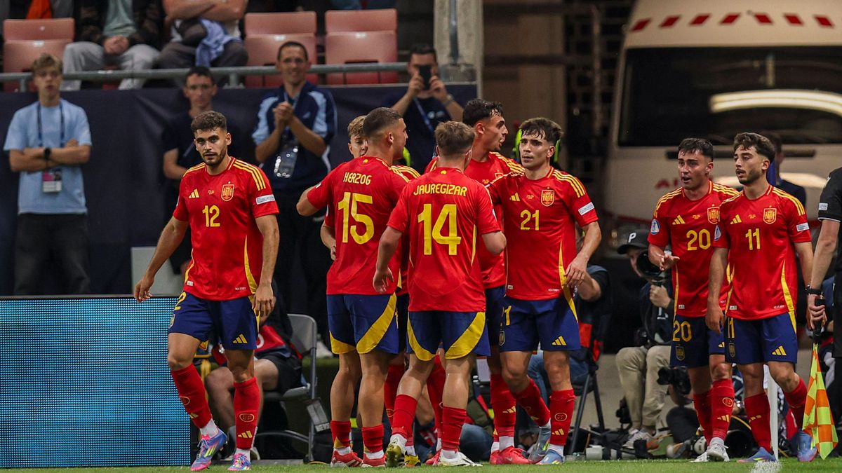 Jesus Rodriguez (Spain U21, U 21 celebrates after scoring his teams first goal during the UEFA Under 21 Slovakia 2025 match between Spain U21 1-1 Italy U21 at Malatinsky Stadium on June 17, 2025 in...