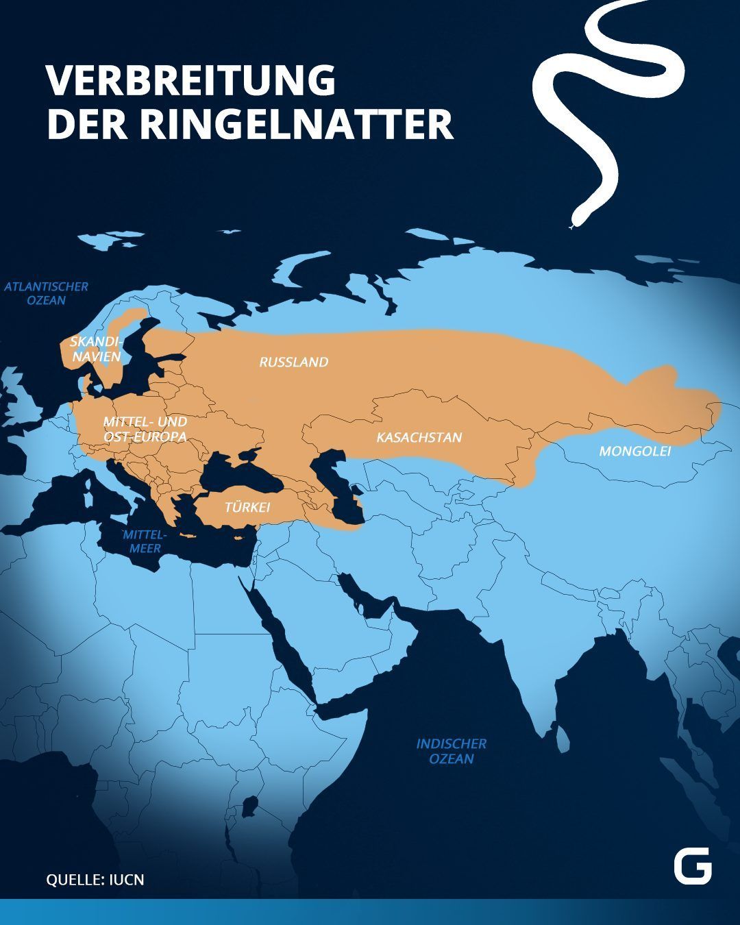 In diesen Gebieten ist die Ringelnatter verbreitet.