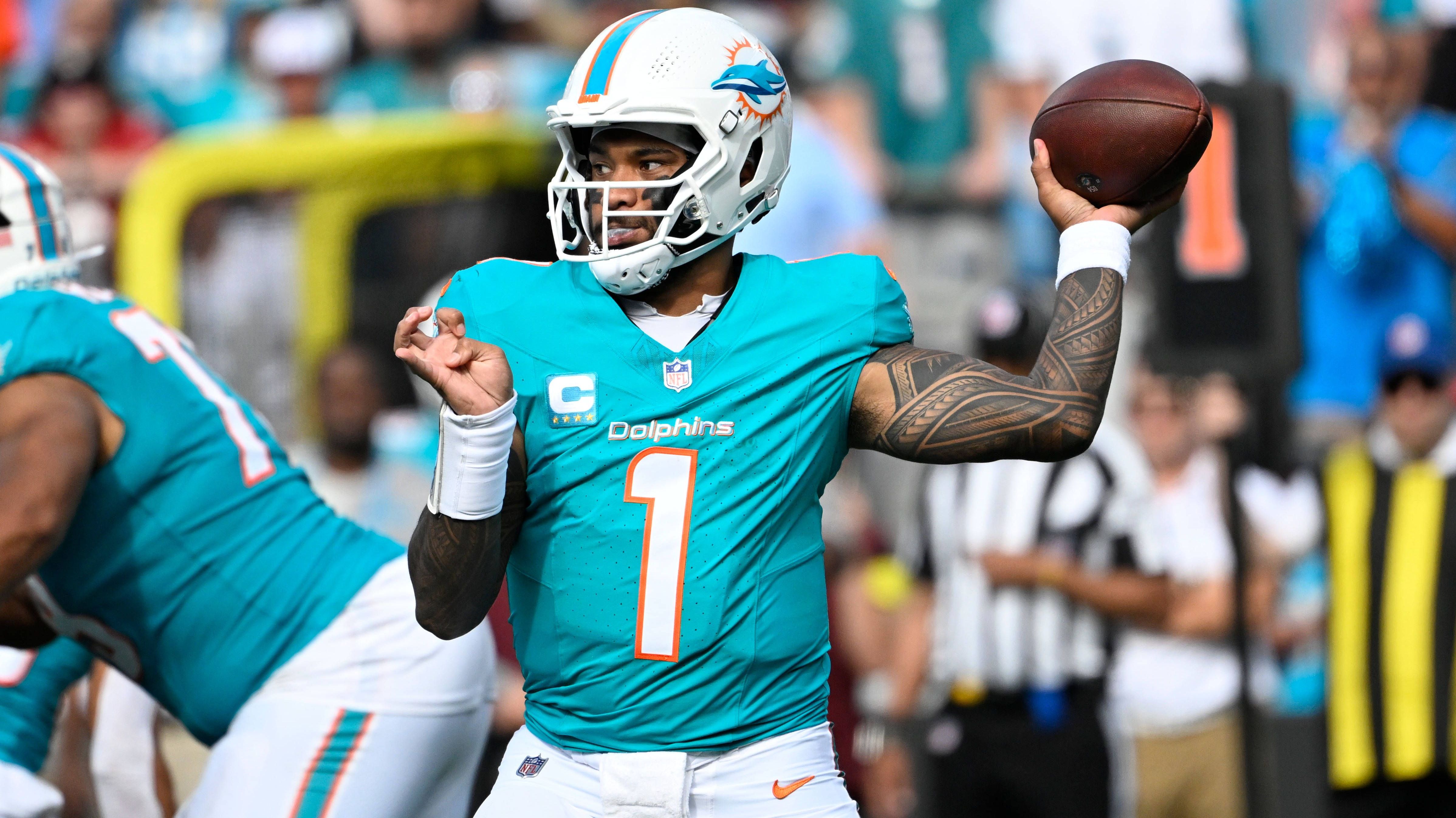 <strong>Miami Dolphins - 18. September 2022</strong><br>Tua Tagovailoa beim&nbsp;42:38-Sieg gegen die Baltimore Ravens, 6 Touchdowns