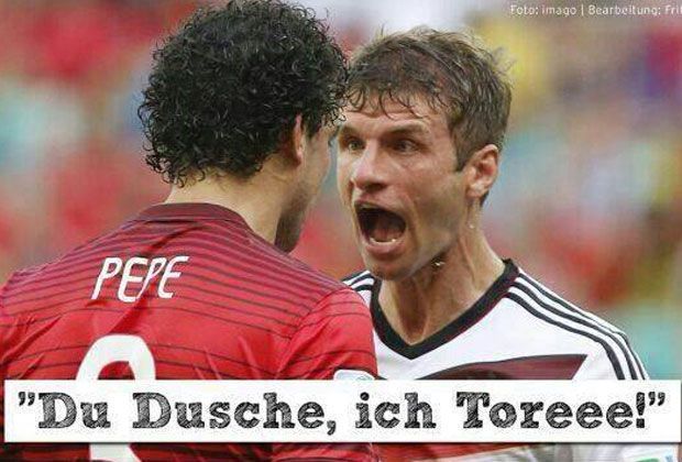 
                <strong>Deutschland - Portugal: So reagiert das Netz</strong><br>
                Der Platzverweis von Pepe (l.) ist natürlich auch ein Thema - da wird Thomas Müller (r.) schnell mal ein Spruch in den Mund gelegt.
              