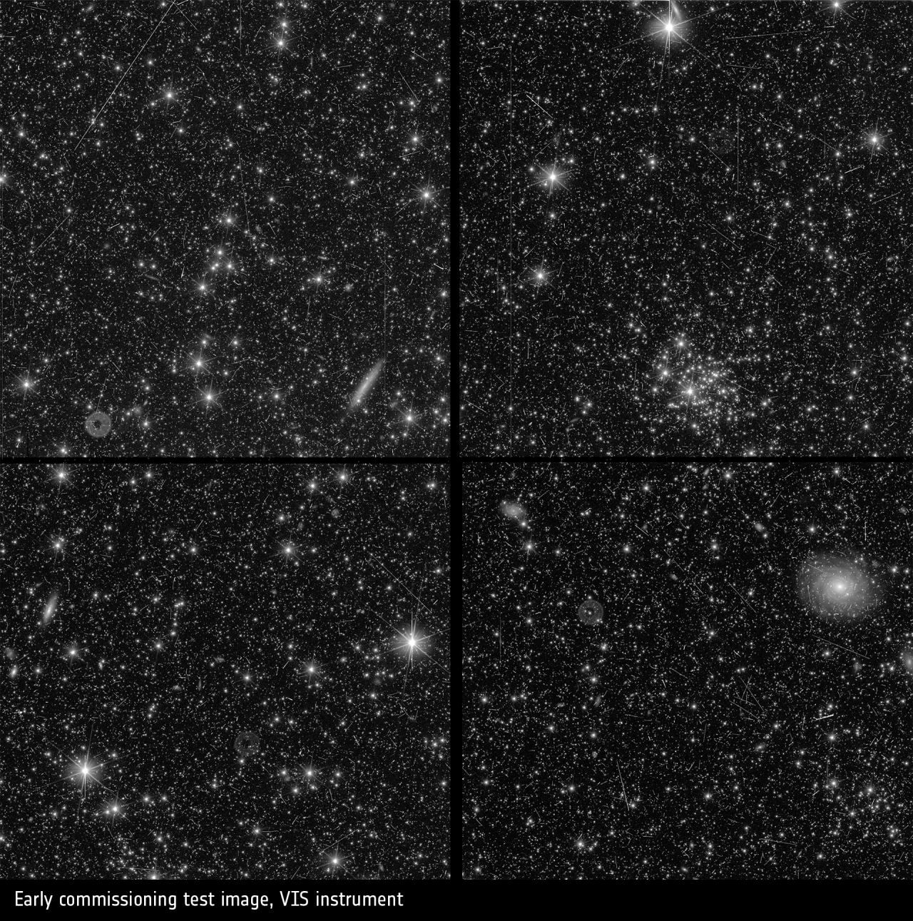 Dieses Bild wurde während der Inbetriebnahme von Euclid aufgenommen, um zu überprüfen, ob Euclids VISible-Instrument (VIS) wie erwartet funktioniert. Du siehst hier spiralförmige und elliptische Galaxien, nahe und ferne Sterne, Sternhaufen und vieles mehr. Die abgebildete Himmelsfläche beträgt tatsächlich nur etwa ein Viertel der Breite und Höhe des Vollmonds.
