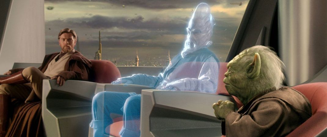 So sieht ein Hologramm in "Star Wars" aus: Ein Jedi spricht als 3D-Simulation mit Obi-Wan Kenobi und Meister Yoda.