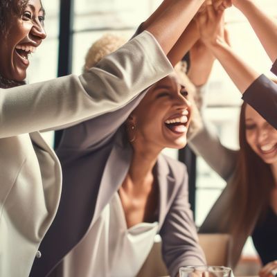 Moment of celebration, with a group of women in a business setting giving each other a high five, all smiling and exuding happiness and a sense of achievement.