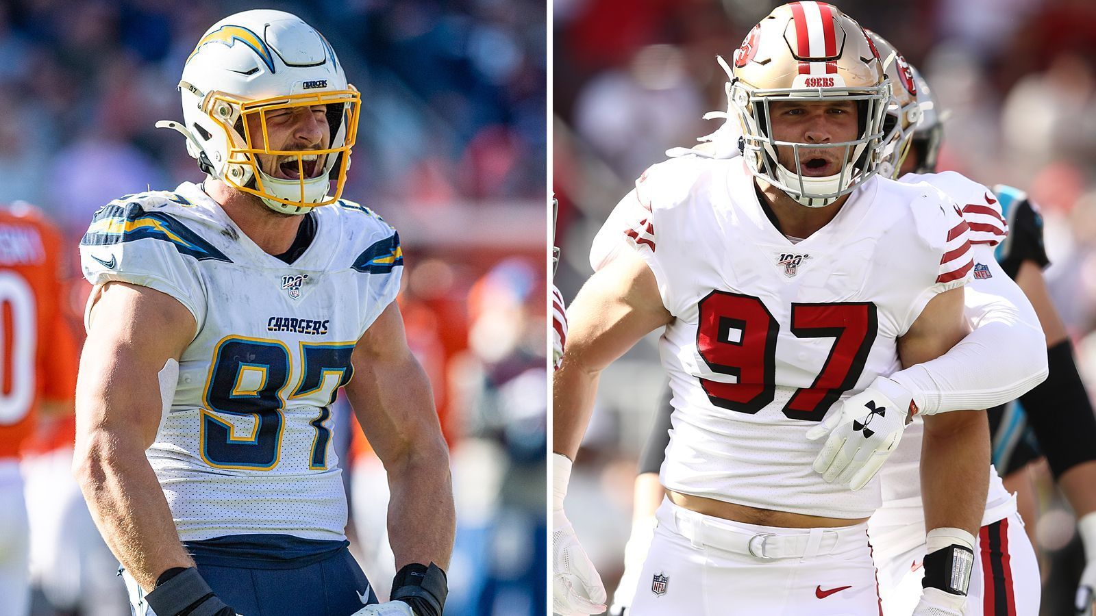 
                <strong>Gewinner: Bosa-Brüder</strong><br>
                Der 8. Spieltag war ein historischer für Joey (l.) und Nick Bosa. Die beiden Defensive Ends verzeichneten zusammengenommen fünf Sacks - mehr als je zuvor ein Brüderpaar an einem NFL-Spieltag. Der ältere der Bosa-Bros sammelte beim 17:16 seiner Los Angeles Chargers über die Chicago Bears zwei Sacks, Nick brachte beim 51:13 seiner San Francisco 49ers gegen die Carolina Panthers drei Sacks an. Damit haben sie unter anderem das Watt-Duo J.J. und T.J. ausgestochen, das in Week 5 der vergangenen Saison auf vier Sacks kam.
              